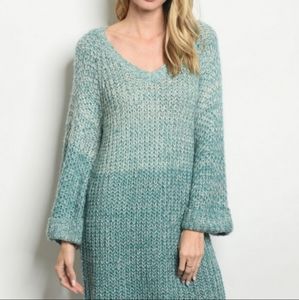 Teal Blue Puff Longsleeve Sweater V Neck Dress